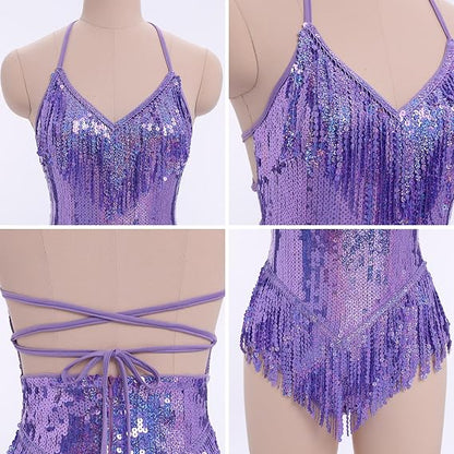 Sexy Sequins Fringe Bodysuit Halter Lace Up Back Jazz Latin Dance Tassel Leotard Acrobat Costume Rave Concert Outfits
