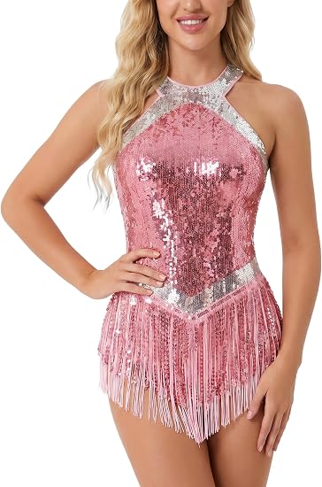 Women Halter Sequin Fringe Bodysuit Ballroom Latin Dance Dress