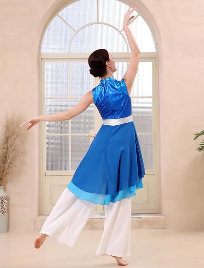 Metallic Color Block Praise Dance Overlay Dress for Women Asymmetrical Ruffle Worship Tunic Liturgical Dancewear