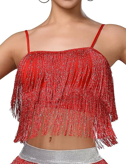Women's Latin Dance Costume Sequin Fringe Tube Top Belly Dance Performance Outfit with Tassels for Party Club Wear