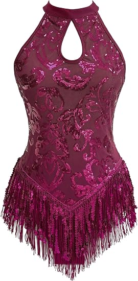 Women's High Neck Sexy Sequin Fringe Bodysuit Sparkly Latin Jazz Acrobat Show Dance Costume Music Festival Rave Outfits