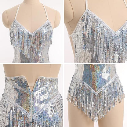 Sexy Sequins Fringe Bodysuit Halter Lace Up Back Jazz Latin Dance Tassel Leotard Acrobat Costume Rave Concert Outfits