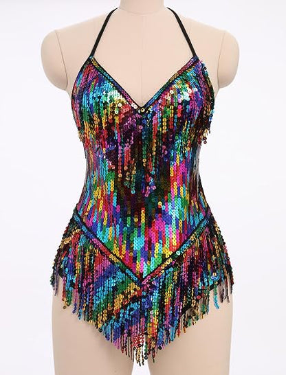 Sexy Sequins Fringe Bodysuit Halter Lace Up Back Jazz Latin Dance Tassel Leotard Acrobat Costume Rave Concert Outfits