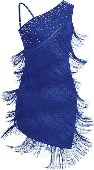 Women One Shoulder Fringe Latin Dance Dress Rhinestone Jazz Salsa Tassel Rave Costume Flapper Ballroom Dance Outfits