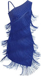 Women One Shoulder Fringe Latin Dance Dress Rhinestone Jazz Salsa Tassel Rave Costume Flapper Ballroom Dance Outfits