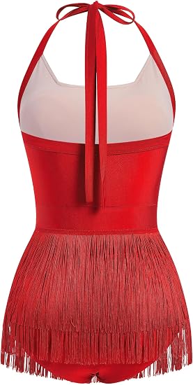 Women Halter Fringe Bodysuit Open Back Glitter Mesh Salsa Jazz Latin Dance Dress Sexy Concert Sparkly Tassel Outfits