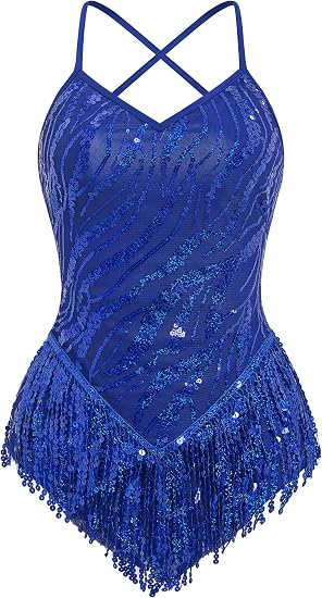 Fringe Sequin Bodysuit Women Sparkly Tassel Latin Jazz Salsa Dance Costume Acrobat Leotard