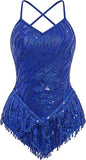 Fringe Sequin Bodysuit Women Sparkly Tassel Latin Jazz Salsa Dance Costume Acrobat Leotard