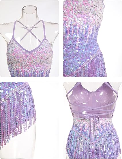Women Sequins Glitters Fringe Tassel Bodysuit for Latin Dance Shiny Music Festivals Rave Outfit Concert Costume