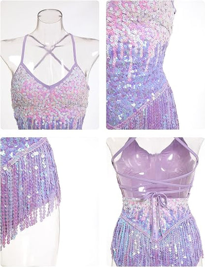Women Sequins Glitters Fringe Tassel Bodysuit for Latin Dance Shiny Music Festivals Rave Outfit Concert Costume