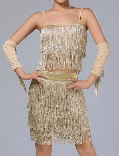 Women's Latin Dance Costume Sequin Fringe Tube Top Belly Dance Performance Outfit with Tassels for Party Club Wear