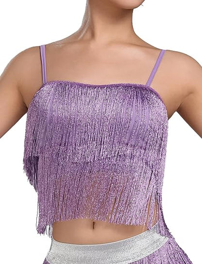 Women's Latin Dance Costume Sequin Fringe Tube Top Belly Dance Performance Outfit with Tassels for Party Club Wear