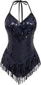Sexy Sequins Fringe Bodysuit Halter Lace Up Back Jazz Latin Dance Tassel Leotard Acrobat Costume Rave Concert Outfits