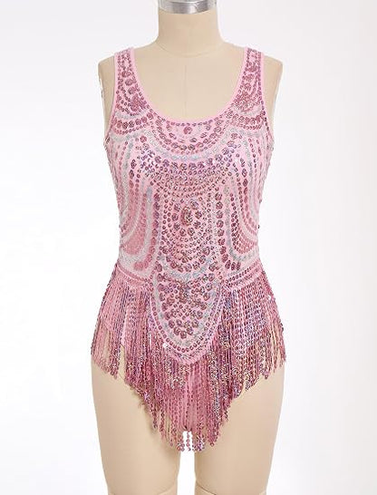 Women Sexy Sequin Fringe Bodysuit Sparkly Tassel Latin Jazz Dance Leotard Glitter Romper Trapeze Acrobat Costume Rave Outfits