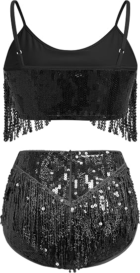 Womens Rave Outfit Sequin Fringe 2 Piece Set Sparkly Tassel Crop Top and Shorts Dance Costume