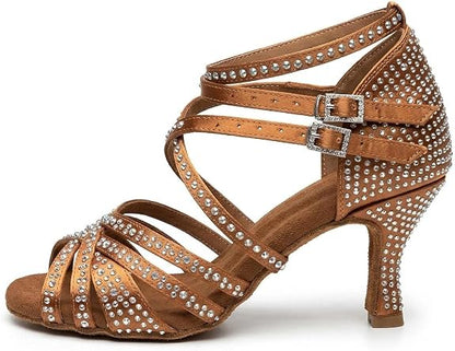 Women's Rhinestone Latin Dance Shoes 3" Heel Professional Satin Ballroom Salsa Performance Dancing Shoes