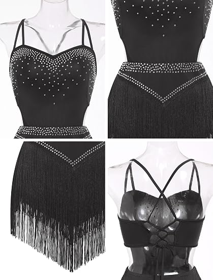 Rhinestone Fringe Bodysuit Women Sparkly Latin Jazz Dance Costume Halter Tassel Fringe Romper Acrobat Trapeze Outfits