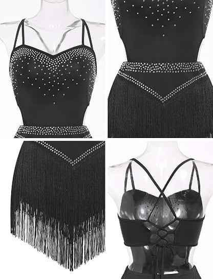 Rhinestone Fringe Bodysuit Women Sparkly Latin Jazz Dance Costume Halter Tassel Fringe Romper Acrobat Trapeze Outfits