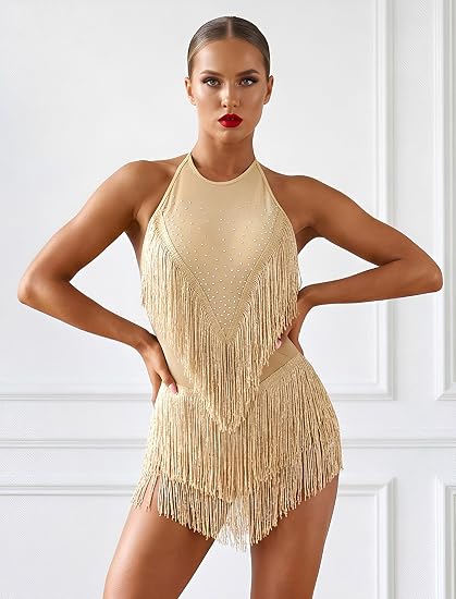 Women Sparkly Tassel Fringe Bodysuit, Latin Dance Costume, Rhinestones Romper for Salsa Jazz Ballroom Disco Party