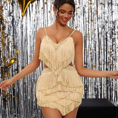 NKBRK Rhinestone Fringe Tassel Tiered One Piece Bodysuit Latin Dance Backless Disco Birthday Rave Outfit