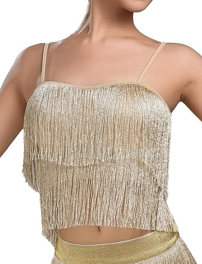 Women's Latin Dance Costume Sequin Fringe Tube Top Belly Dance Performance Outfit with Tassels for Party Club Wear