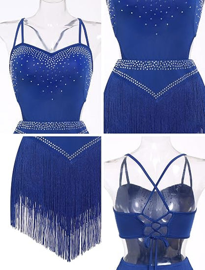Rhinestone Fringe Bodysuit Women Sparkly Latin Jazz Dance Costume Halter Tassel Fringe Romper Acrobat Trapeze Outfits