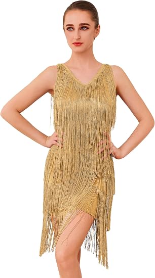 Glitter Fringe Dress for Women Sparkly Latin Dance Costume 1920s Tassel Flapper Dress Shiny Great Gatsby Party Salsa Outfit