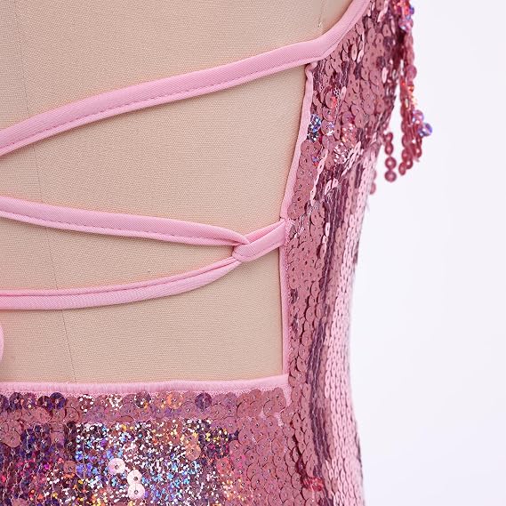 Sexy Sequins Fringe Bodysuit Halter Lace Up Back Jazz Latin Dance Tassel Leotard Acrobat Costume Rave Concert Outfits