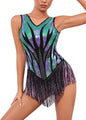 Sequin Fringe Bodysuit Latin Dance Costume Dance Outfit for Women | Glitter Mesh V-Neck Backless Dress Latin Samba Salsa Dancewear Showgirl Trapeze Acrobat Outfit for Ballroom Party Carnival