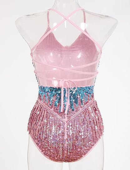 Women Sequins Glitters Fringe Tassel Bodysuit for Latin Dance Shiny Music Festivals Rave Outfit Concert Costume