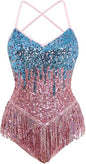 Women Latin Dance Dress, Gradient Sequin Fringe Bodysuit | Self-tied Spaghetti Straps, Sparkly Backless Dance Leotard Dancewear, for Ballroom Costume, Jazz, Rave Concert, Performance