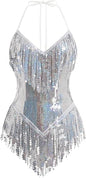 Women Sequin Fringe Bodysuit Sparkly Tassel Leotard Romper Latin Dance Dress Sexy Festival Rave Party Outfits