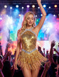 Women Halter Sequin Fringe Bodysuit Ballroom Latin Dance Dress