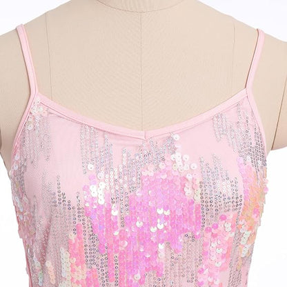 Women Sparkly Sequin Tassel Fringe Bodysuit Cami Strap Latin Dance Leotard Jumpsuit Festival Rave Outfits