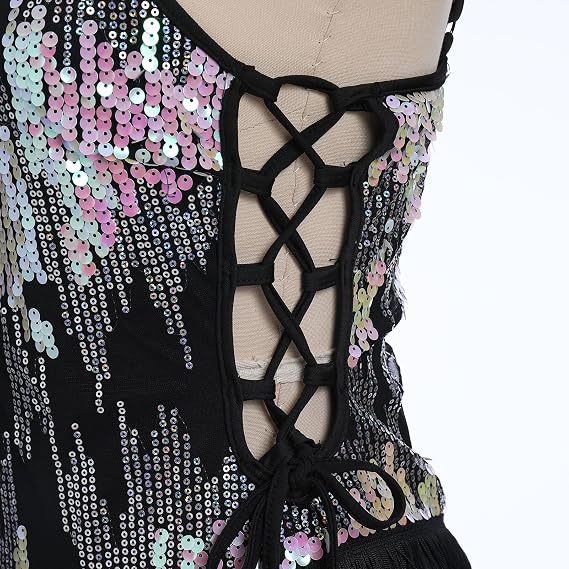 Women Sparkly Sequin Tassel Fringe Bodysuit Cami Strap Latin Dance Leotard Jumpsuit Festival Rave Outfits