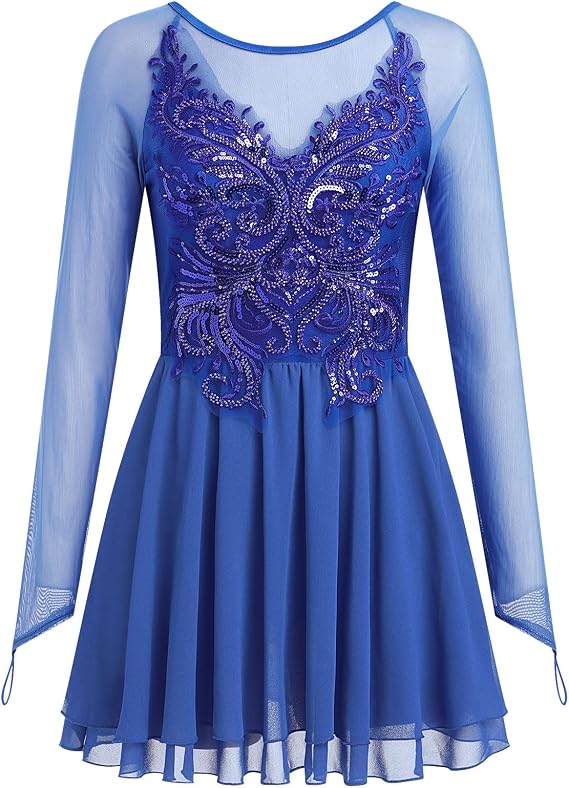 Women's Figure Ice Skating Dress Shiny Rhinestones Ballet Dance Dress Long Sleeve Competition Lyrical Chiffon Dress