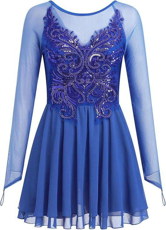 Women's Figure Ice Skating Dress Shiny Rhinestones Ballet Dance Dress Long Sleeve Competition Lyrical Chiffon Dress