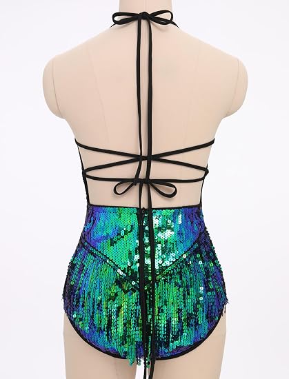 Sexy Sequins Fringe Bodysuit Halter Lace Up Back Jazz Latin Dance Tassel Leotard Acrobat Costume Rave Concert Outfits