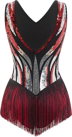 Women Sexy Fringe Bodysuit Open Back Sparkly Sequins Tassel Latin Jazz Dance Outfits Trapeze Acrobat Circus Costume