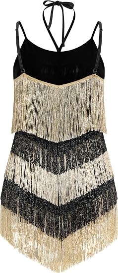 Women's Fringe Latin Dance Dress - Halter Backless Adjustable Cami Straps Color Block Salsa Ballroom Dance Costume