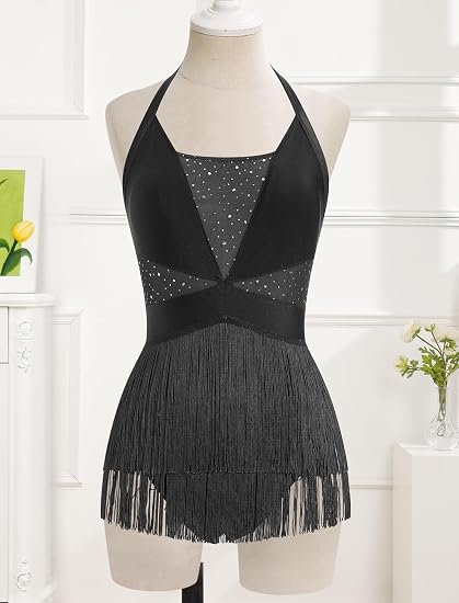 Women Halter Fringe Bodysuit Open Back Glitter Mesh Salsa Jazz Latin Dance Dress Sexy Concert Sparkly Tassel Outfits