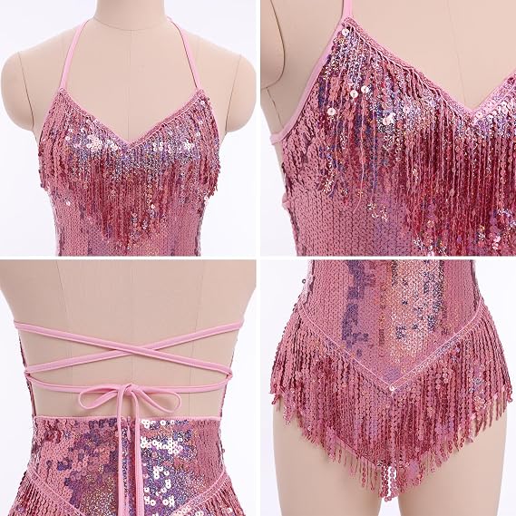 Sexy Sequins Fringe Bodysuit Halter Lace Up Back Jazz Latin Dance Tassel Leotard Acrobat Costume Rave Concert Outfits