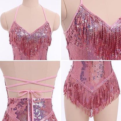 Sexy Sequins Fringe Bodysuit Halter Lace Up Back Jazz Latin Dance Tassel Leotard Acrobat Costume Rave Concert Outfits