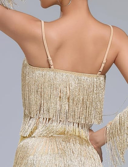 Women's Latin Dance Costume Sequin Fringe Tube Top Belly Dance Performance Outfit with Tassels for Party Club Wear