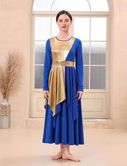 Metallic Praise Dance Dress for Women Asymmetric Ruffle Overlay Dresses Liturgical Lyrical Dancewear Worship Costume