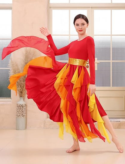 Metallic Praise Dance Dress for Women Asymmetrical Ruffle Overlay Liturgical Lyrical Worship Costume
