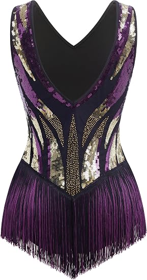 Women Sexy Fringe Bodysuit Open Back Sparkly Sequins Tassel Latin Jazz Dance Outfits Trapeze Acrobat Circus Costume