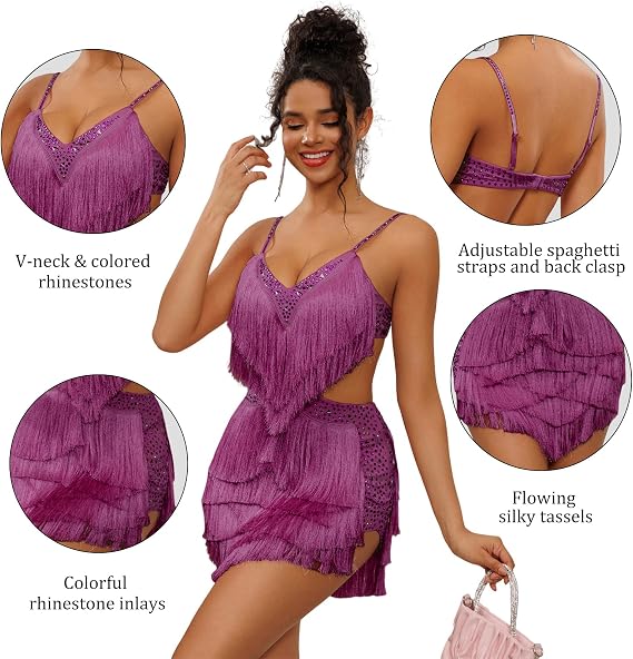 NKBRK Rhinestone Fringe Tassel Tiered One Piece Bodysuit Latin Dance Backless Disco Birthday Rave Outfit