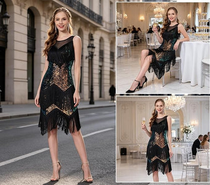 Women's Salsa Latin Dance Dress Glitter Sequin Fringe Flapper Party Ballroom Outfit