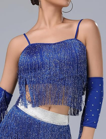 Women's Latin Dance Costume Sequin Fringe Tube Top Belly Dance Performance Outfit with Tassels for Party Club Wear